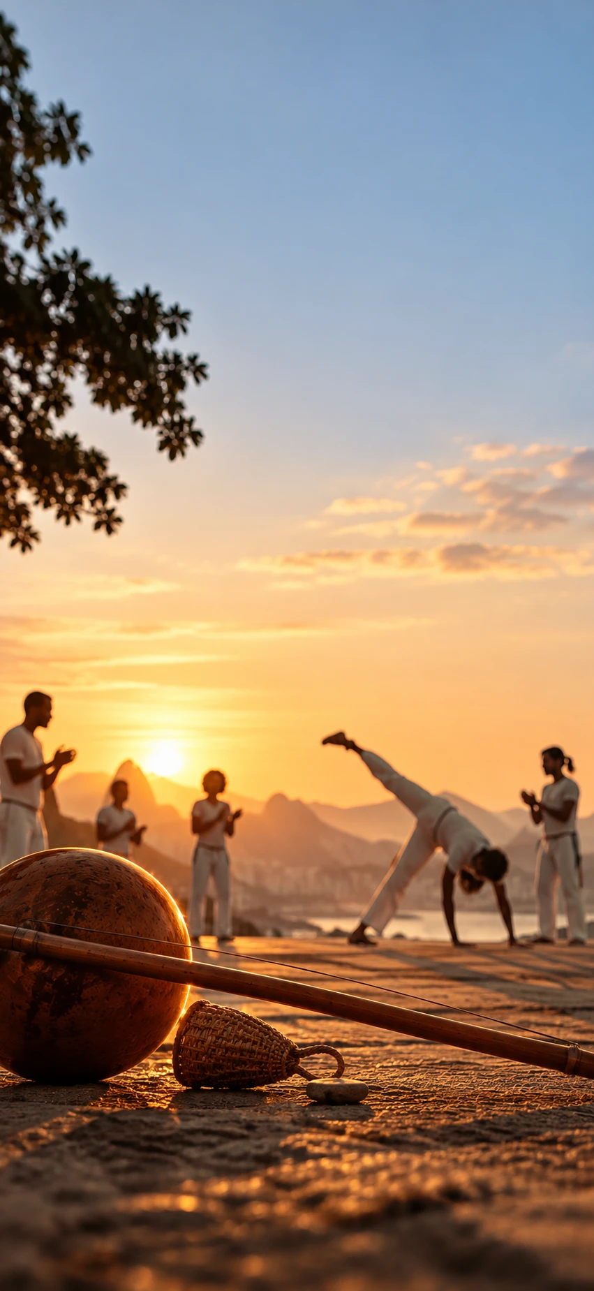 Roda de capoeira au coucher du soleil, berimbau au premier plan